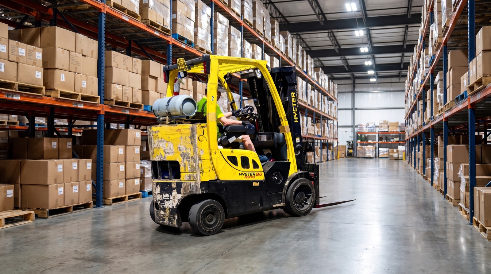 A propane-powered forklift moving pallets inside a distribution warehouse